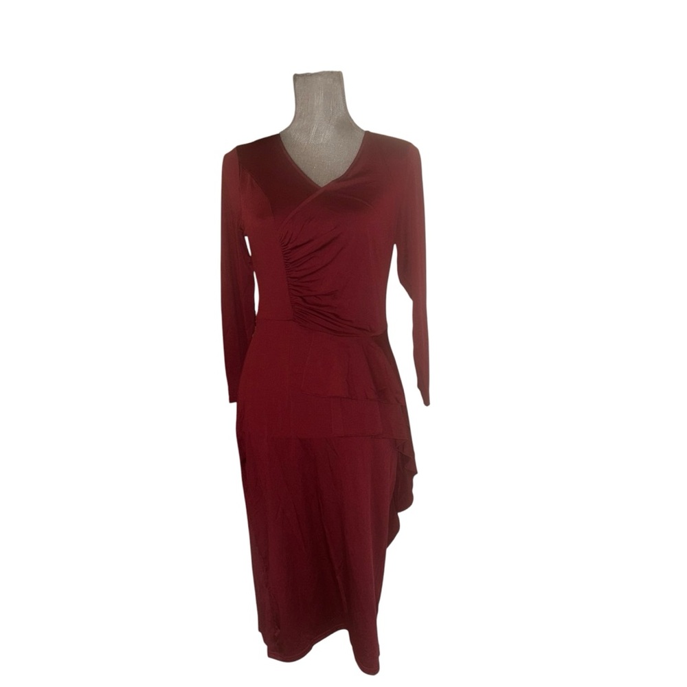Elegant Burgundy Long-Sleeve Ruffle‎ Dress Sz M
